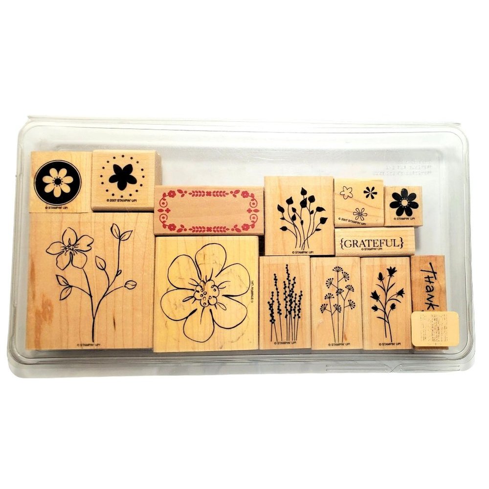 Stampin Up! 12 pc St Wood Mounted Flower Stamps Floral Spring Summer Plastic Box